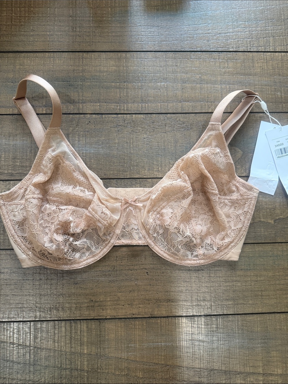Sheer Lace Underwire Bra in Blush Nude with Center Bow